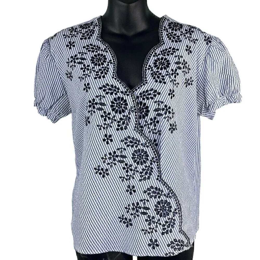 Zara Basic Seersucker Short Sleeve Floral Embroidered Wrap Front  Women’s XS